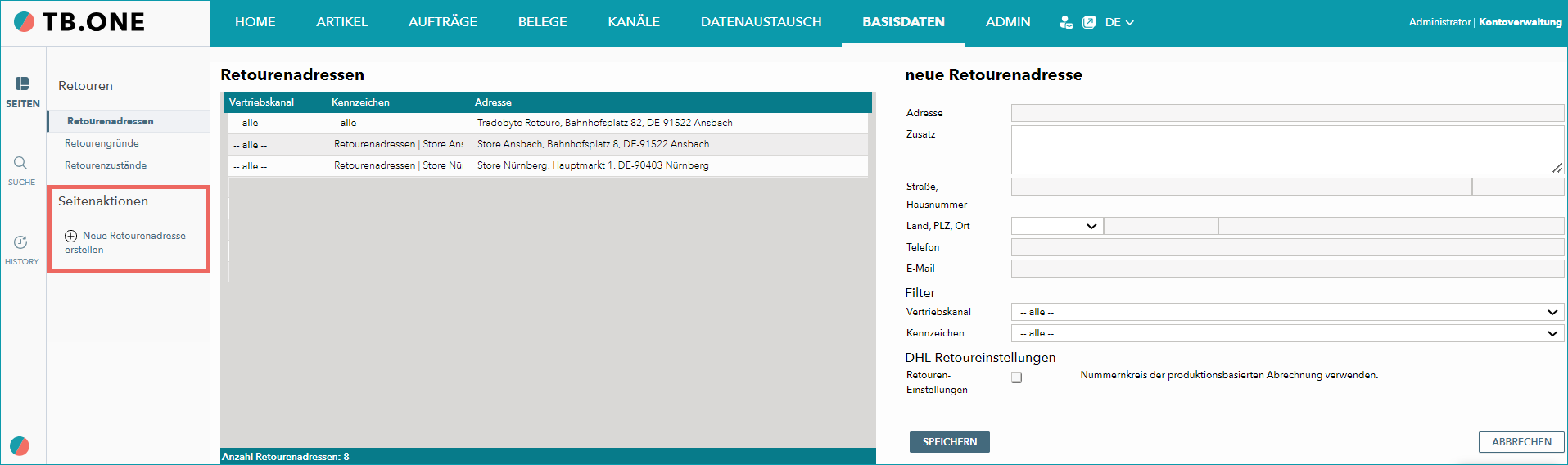 Abb. 4: Anlegen einer neuen Retourenadresse Abb. 4: Anlegen einer neuen Retourenadresse